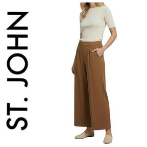 ST. JOHN Collection Camel Knit Wool Wide Leg Cropped Pants Size 12 Luxury $395